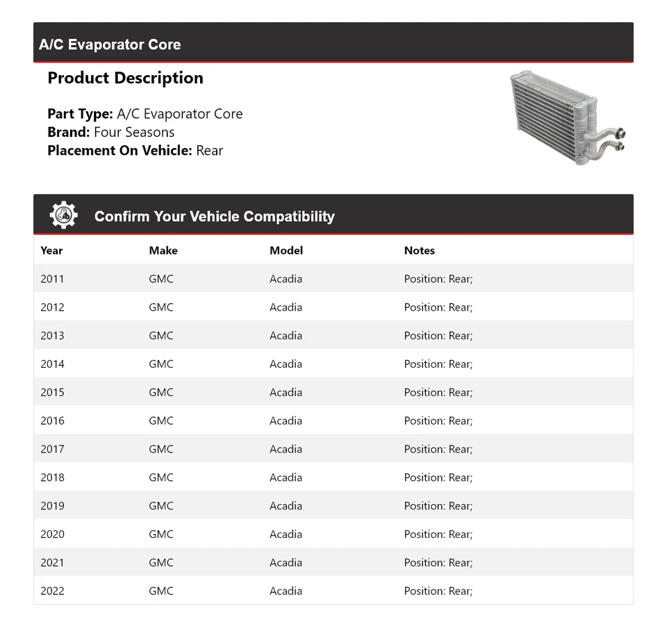 Núcleo evaporador trasero para GMC Acadia 2011-2022 4 estaciones 2012 2013 2014 2015 Foto 2 de 4