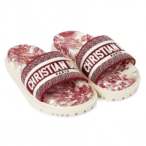 DIOR   Dway Slides   Sandales Toile de Jouy blanches bordeaux rouge 37 / 4UK neuves et dans leur boîte