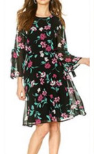 Nine West Flowy Black Floral A Line Dress W Belt 10 Long Sleeve Career Church