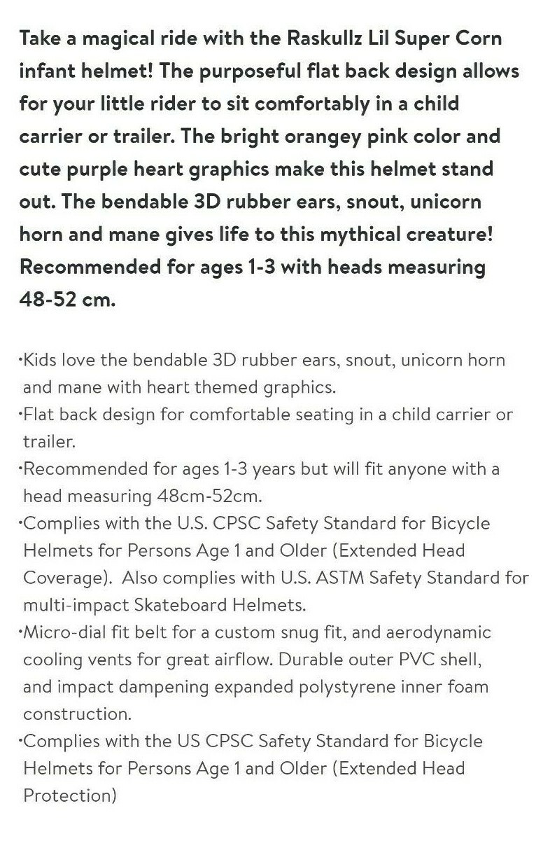 NWT - Raskullz 3D Lil Super Corn Unicorn Infant Bike Helmet - 1-3 yrs (48-52cm)