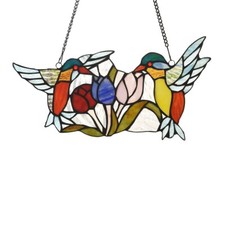 Stained Glass Window Panel Hummingbirds Flowers Tiffany Style 8.3" x 15.5"