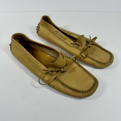 TOD's Tan 100% Leather Driving Flat Loafers with Rubber Pebble Soles  Sz 35.5