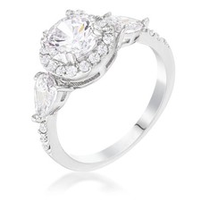 Rhodium 3-Stone Clear CZ Round Halo Pear Engagement Ring
