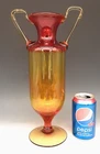 Mid Century Blenko Style Blown Art Glass Amberina TROPHY Handled 14" Footed Vase
