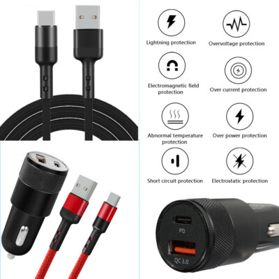 12V-24V Dual Ports QC3.0 USB Car Charger Adapter +3/6/10FT Cable For Cell Phone