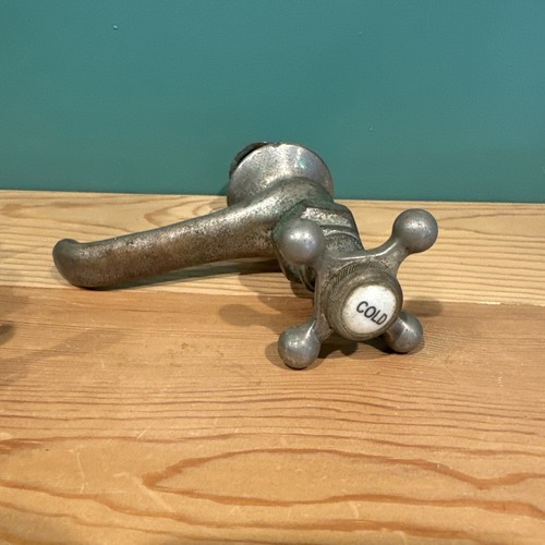 VTG Pair Nickel Plated Brass Separate Hot Cold Sink Faucets Porcelain Old - Picture 6 of 10