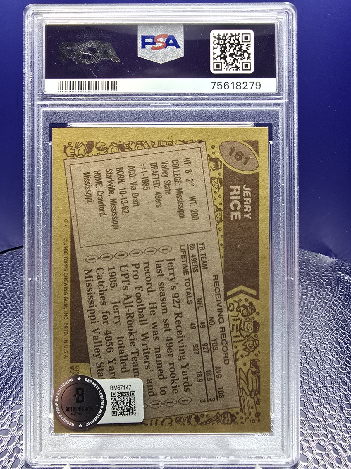 JERRY RICE 1986 Topps (RC,AU) Pink Ink Inscribed Auto 49ers Autograph view 2