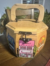 VTG PURSE-SEWING BOX WOODEN Octagon Shape W/Hand-Painted Store Fronts Each Side