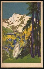 Künstler-AK Idyllische Landschaft mit Berg und Wasserfall im Art Deco Stil