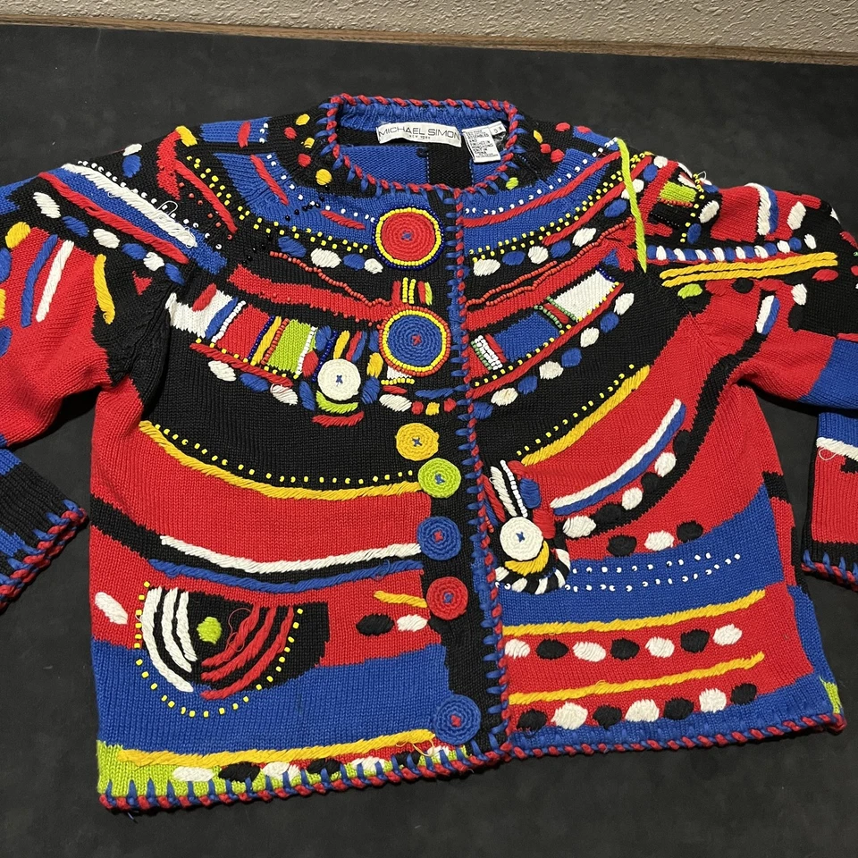 复古 Michael Simon 毛衣女式均码红色蓝色黑色大胆艺术针织 90 年代 — 第 3/4 张图片