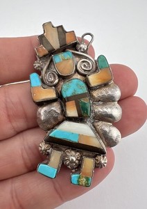 Old 1940s Zuni Coin Silver Multi Gemstone Flush Inlay Rainbowman Pendant 2.5"