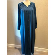 VTG SHADOWLINE Full ButtonUp Satin Long Nightgown Teal Blue SzL Elegant Romantic