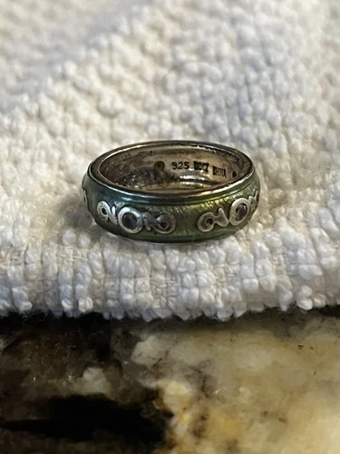 Vintage Rare Stamped HV Sterling 925 Silver Green Enamel CZ Ring Size 5