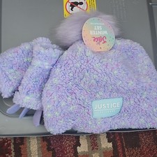 Justice Girls Purple Fleece Hat & Gloves 3 Piece Set Fur Trim Speckled Pattern