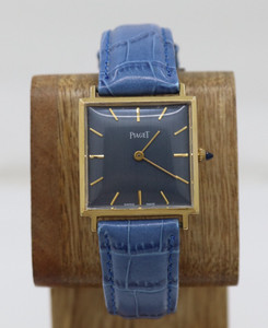 Authentic Piaget Square 26mm Blue Dial Mechanical Gold Plated Watch W/ Blue Leather Band