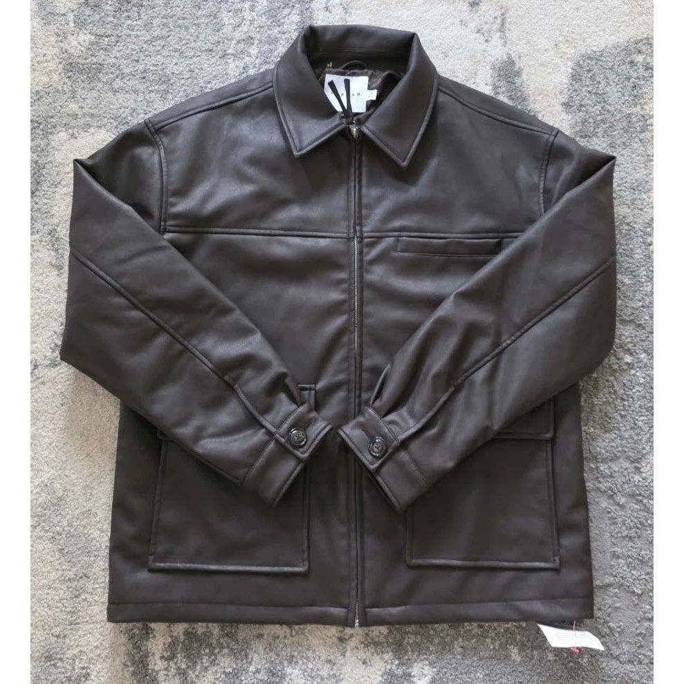 Topman Mens Dark Brown Faux Vegan Leather Trucker Jacket Size S Quilted Lined - product detail image 5
