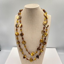 Vintage Double Strand Amber Toned Shell Necklace Brown Boho Chunky Statement