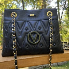 MARIO VALENTINO BLACK QUILTED STUDDED LEATHER SHOULDER BAG W/ CHAIN STRAP- ITALY