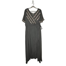 JODIFL $139 Teal Embroidered Wrap Maxi Dress Floral Boho Short Sleeve 1X