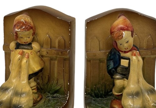Vintage Chalkware Pair Of Bookends Boy & Girl With Geese Very Cute! - Picture 3 of 11