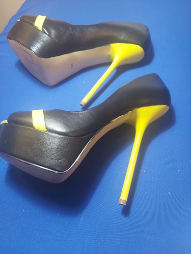 Shoe Dazzle Black And Yellow Vegan Leather Platform Stiletto Pumps Size 7.5 - Picture 2 of 8