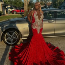 Luxury Red Mermaid Ball Dresses Shiny Lace Appliques Satin Party Evening Gowns