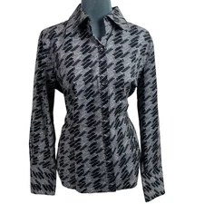 Attention Womens Large Black Gray Abstract Houndstooth Dark Academia Shirt