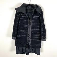 Sacai Womens 2 Small Black Wool Tweed Jacket Detachable Hood Mid Length Coat