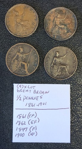 (4)x Great Britain Half 1/2 Pennies Coin Lot HIGHER GRADE 1861, 1862, 1897, 1900