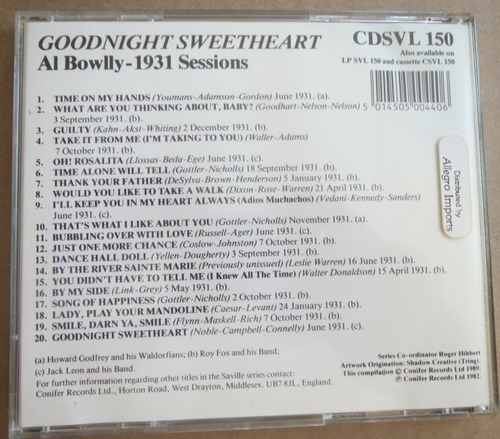 CD Saville (UK) Al Bowlly 1931 Sessions, Goodnight Sweetheart, sharp E+ (or NM) - Picture 4 of 4