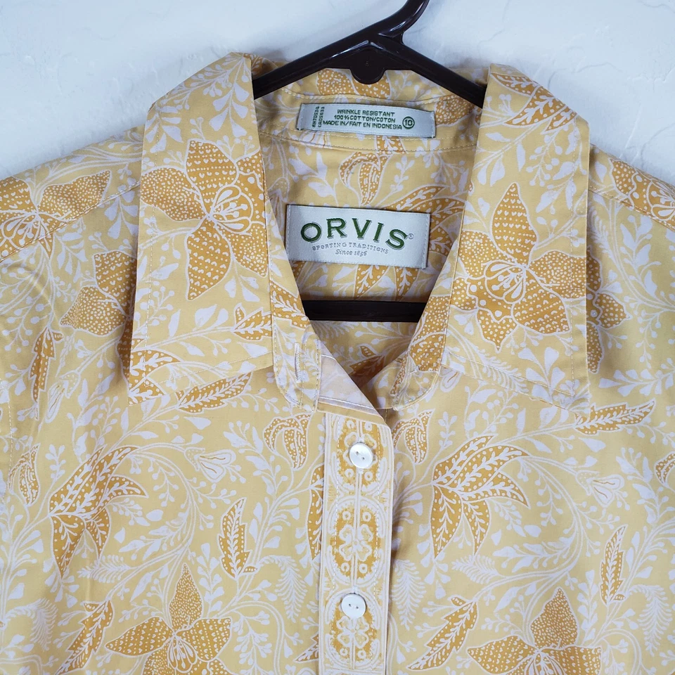 Blusa para mujer Orvis talla 10 floral amarilla manga 3/4 camisa con botones Foto 3 de 4