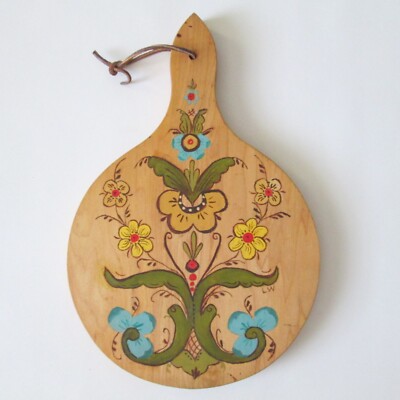 Vintage Hand Painted Wood Cutting Board Round Wall Hanging Floral Dutch Style