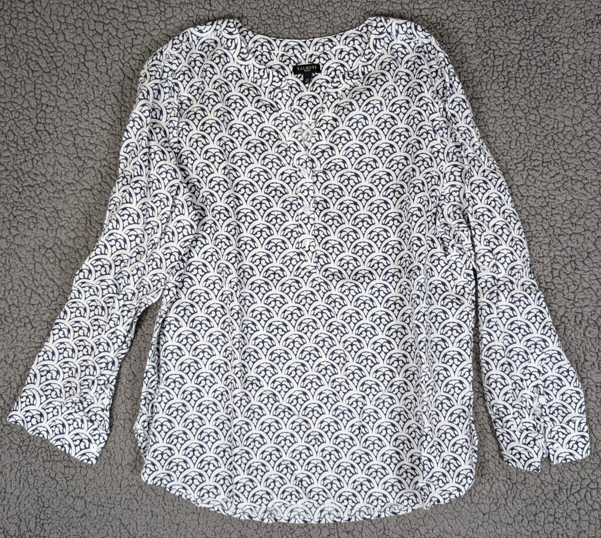 Talbots Top Linen Blouse Split Neck Pullover Blue… - image 4