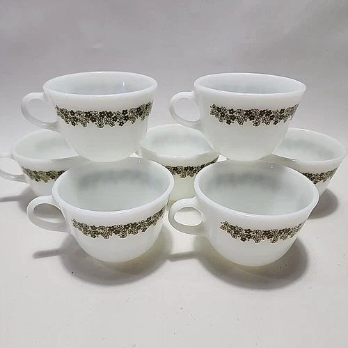 Set Of 7 - Vintage Pyrex Spring Blossom Crazy Daisy Milk Glass 8 oz Coffee Cups 