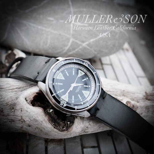 "Correa de reloj de cuero genuino Müller&Son Horween 22 mm negro con ""orejas de perro"" negras" - Imagen 3 de 7