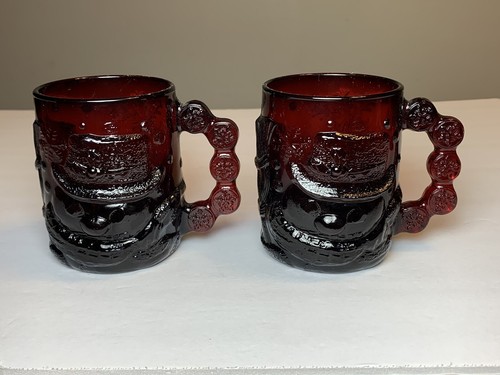 2 Vintage Arcoroc Dark Ruby Red Glass Mugs Coffee Cups Snowman Christmas France