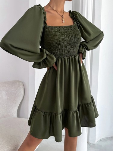 Hot selling new minimalist square neckline dress with ruffled hem and hem - Picture 18 of 29