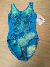 MONDOR Gymnastics Tank Leotard Blue W/ Silver Glitter Swirl Print NWT Girls Size