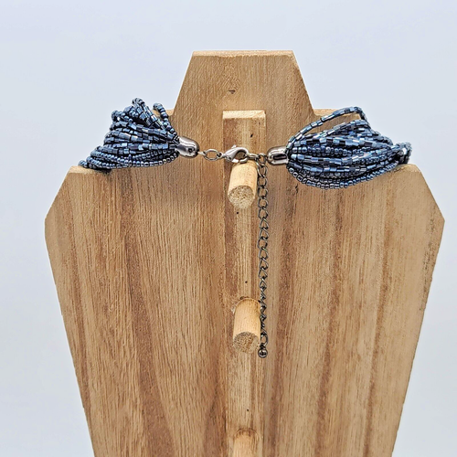 Layered Metallic Steel Blue Shimmering Seed Bead Necklace, 18" - Picture 10 of 12