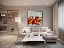 Original OOAK Acrylic Painting Abstract Floral Landscape Red Yellow 24 X24