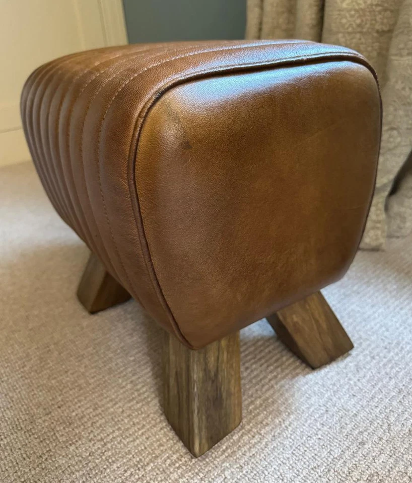 Brown Leather Stool / Footstool Wood Legs Pommel Horse Style Retro Vintage - Image 2 of 4