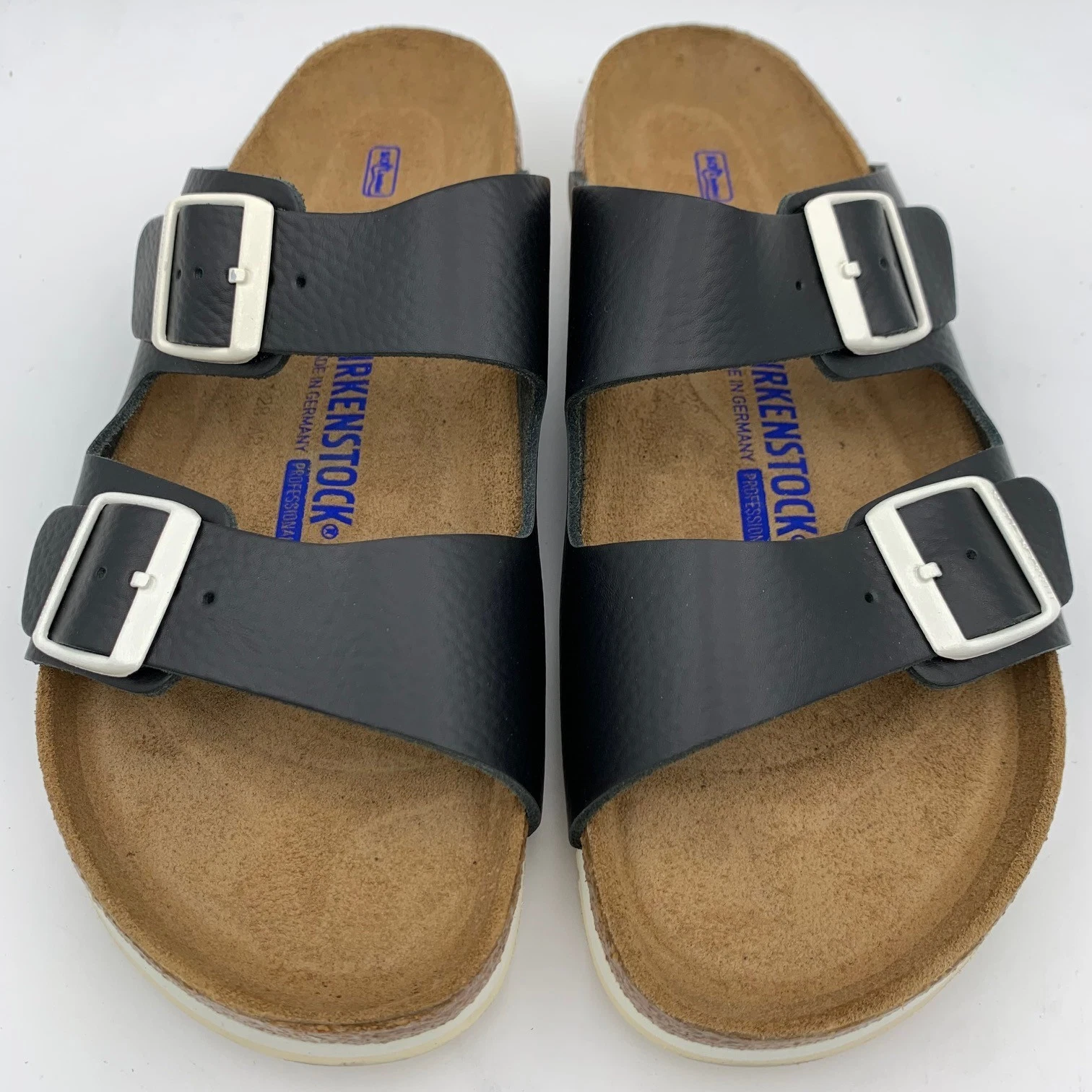 Birkenstock New w/ Box Arizona Prof Black Leather White Buckle Soft Footbed Nar