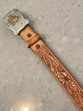 JUSTIN Hand Tooled Western Belt 28" Top Grain Cowhide Nickel Silver Horse Buckle
