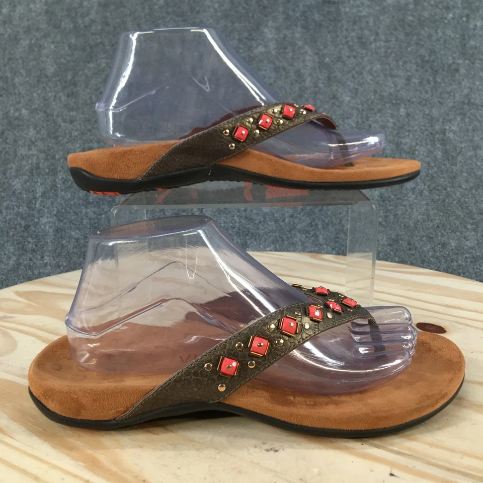 Sandalias Vionic Mujer 9 Anchas Marrón Rojo Floriana Tanga Cuero Puntera Tachonadas Foto 2 de 4