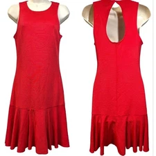 Trina Turk Ribbed Flounce Drop Waist Dress Red Sleeveless Keyhole Size 4 NWT
