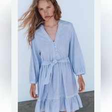 Zara Blue White Striped Lace Trim Button Front Mini Dress Large