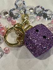 Gold Tone Metal Rhinestone Bling Dice Key Chain Keyring, Purple, Women