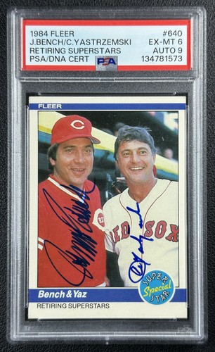 JOHNNY BENCH CARL YASTRZEMSKI DUAL AUTOGRAPH PSA 6 DNA 9 AUTO 1984 FLEER #640