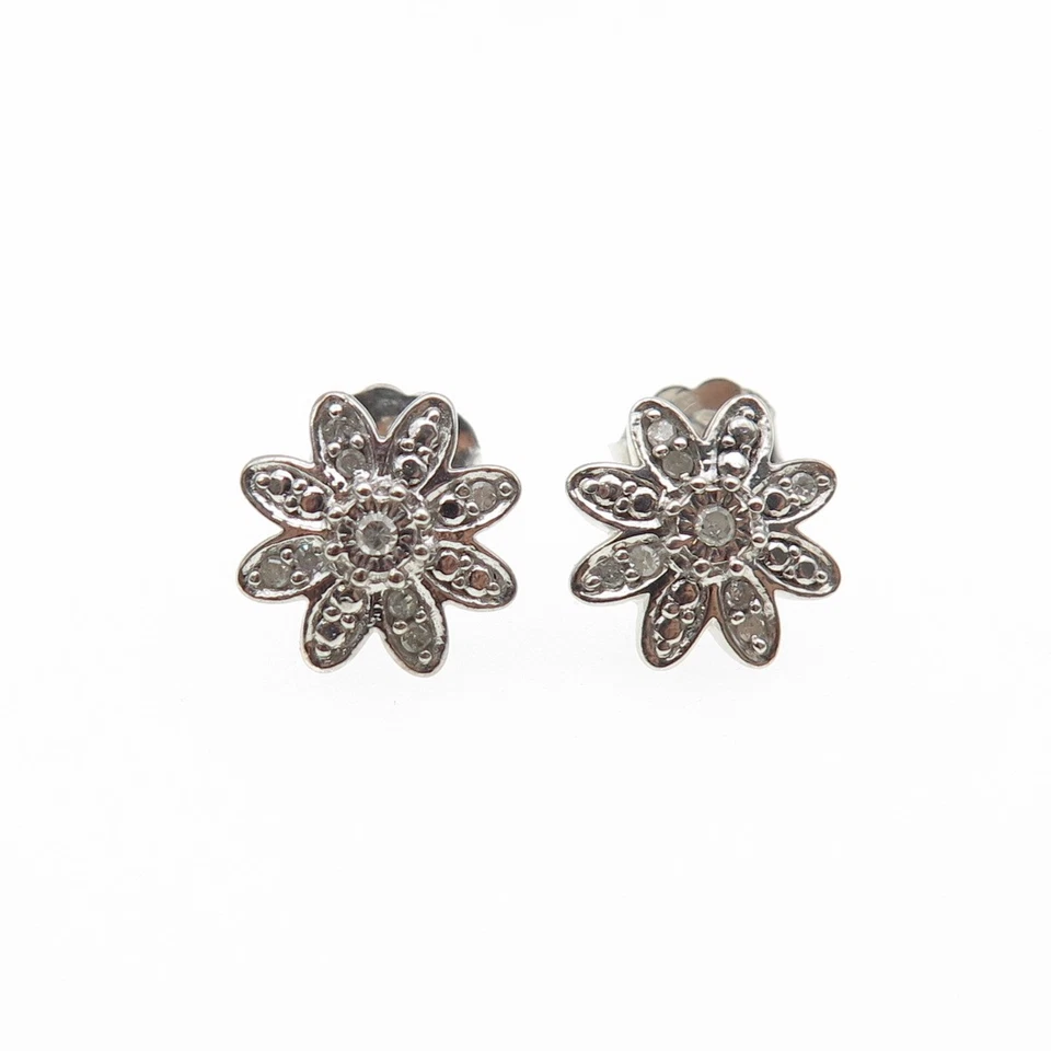 925 Sterling Silver Real Round-Cut Diamond Flower Stud Earrings - Image 4 of 4