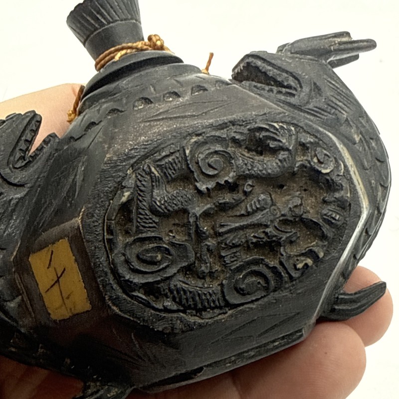 Japanese Asian Oriental  Ornate Vintage Wood carved Double Dragon Inro Bottle